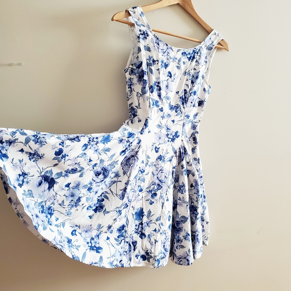 Blue Floral Mystic Full Skirt Midi Dress
